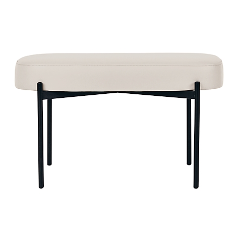 Beige gestoffeerde bank met zwarte metalen poten. Het frame is gekruist, de poten zijn recht.