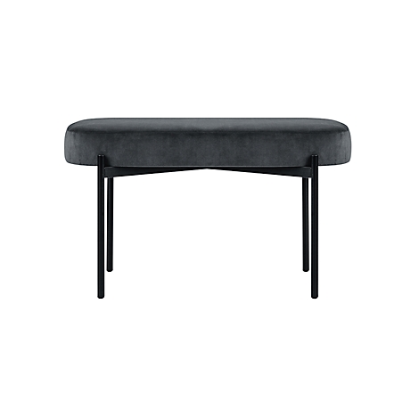 Grijze ovale poef met zwart metalen frame, geïsoleerd op witte achtergrond.