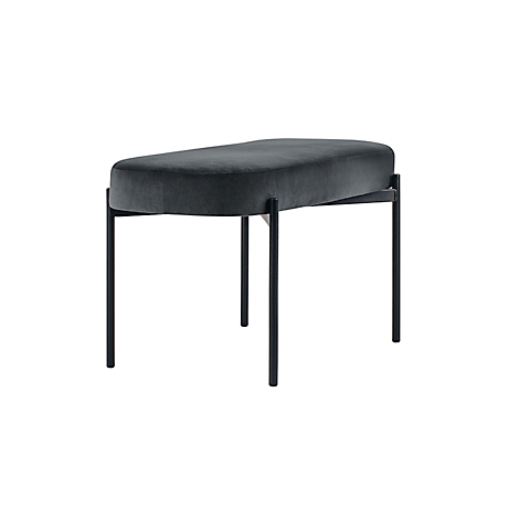 Donkergrijze fluwelen bank met zwarte metalen poten, ovaal design.