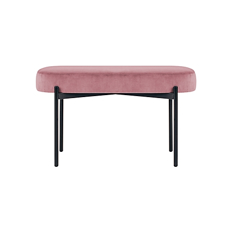 Een roze fluwelen bank met zwarte metalen poten op een witte achtergrond.