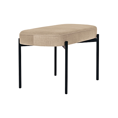Beige, ovale bank met zwart metalen frame.