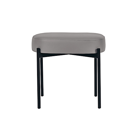 Grijze kruk met zwart metalen frame, ovale zitting.