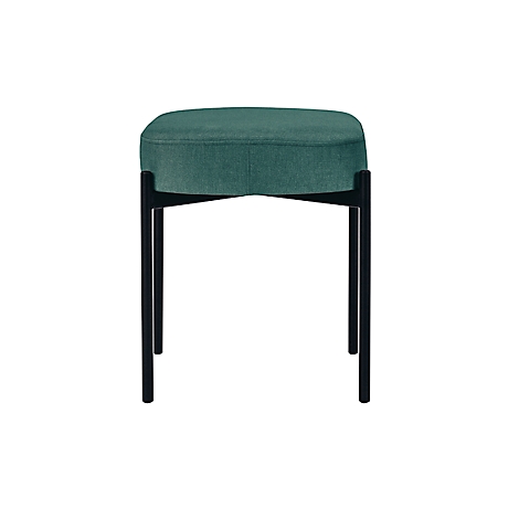 Groene kruk met zwarte metalen poten. Gevoerde zitting. Vierkant afgeronde vorm.