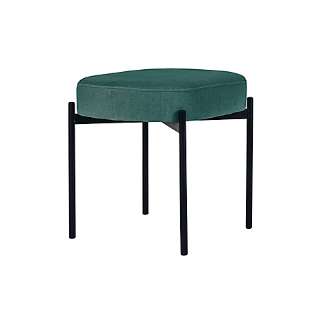 Een groene kruk met een zwart metalen frame. De zitting is ovaal en gewatteerd.