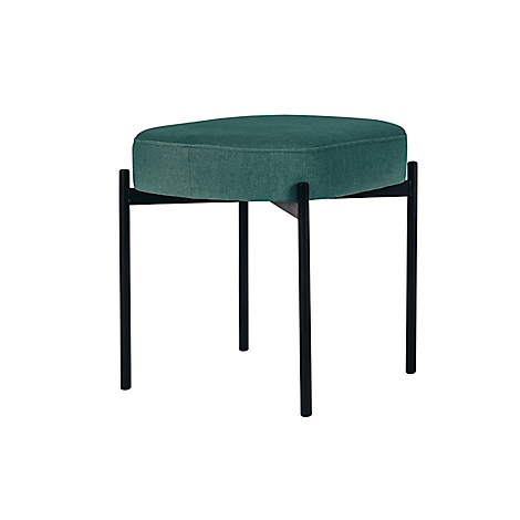 Kruk met rechthoekige groene zitting op een zwart metalen frame.
