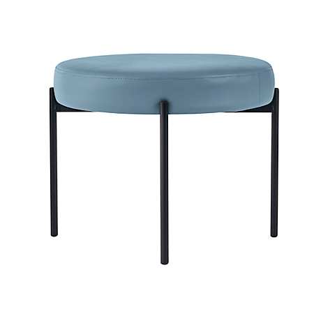 Hocker met blauwe, ronde zitting en zwarte poten.