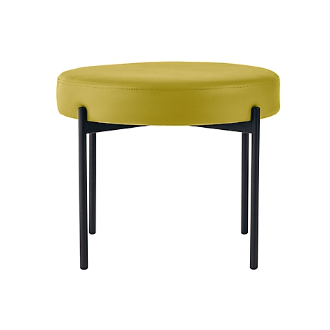 Ronde, geelgroene kruk met een zwart metalen frame. De zitting is van zachte stof.