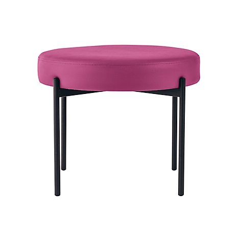 Ronde kruk met fuchsia fluwelen bekleding en zwarte metalen poten.
