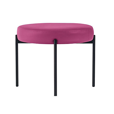Ronde, roze kruk met zwarte metalen poten.