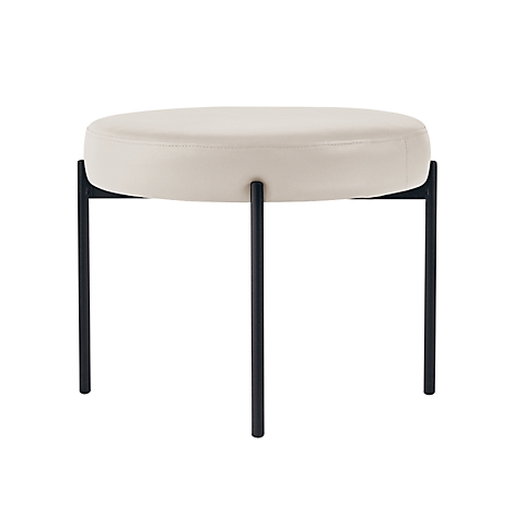 Een ronde kruk met een crèmekleurige zitting en een zwart metalen frame.