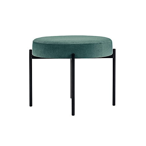 Ronde, groene kruk met zwart metalen frame.