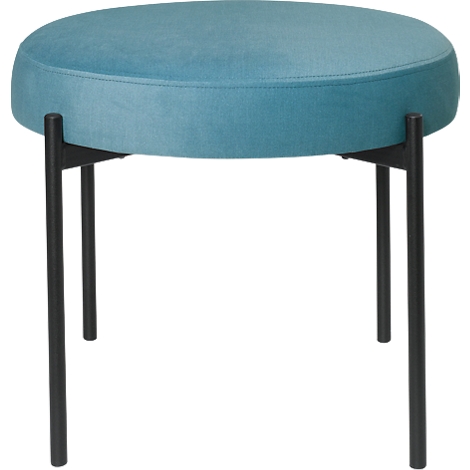 Ronde, turquoise kruk met zwarte metalen poten. Fluweelzachte zitting.