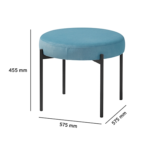 Ronde, turkooizen kruk met zwarte poten, afmetingen weergegeven: 455 mm hoog, 575 mm breed.