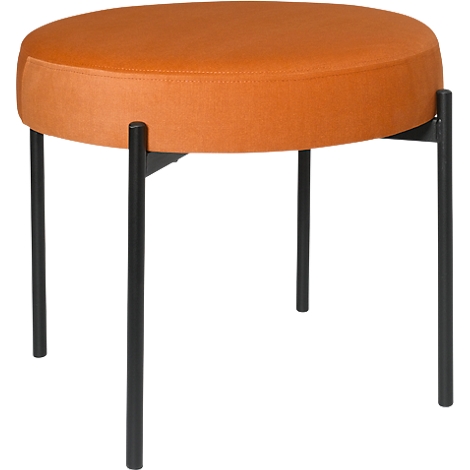 Een ronde kruk met een oranje zitting en zwarte poten, tegen een witte achtergrond.