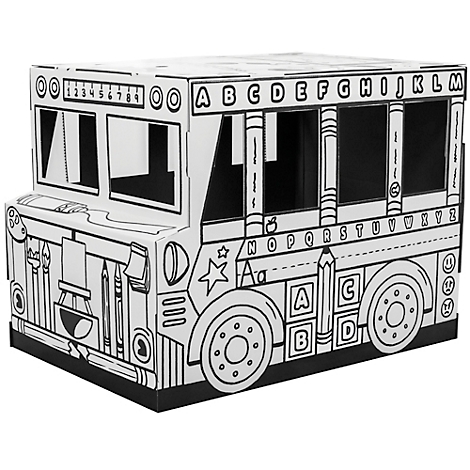 Un bus dessiné en noir et blanc pour enfants, décoré de lettres, de chiffres et de fournitures scolaires.
