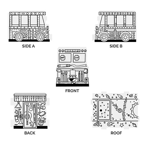Illustration en noir et blanc d'un bus jouet avec différentes vues. Les étiquettes indiquent : Côté A, B, Avant, Arrière, Toit.
