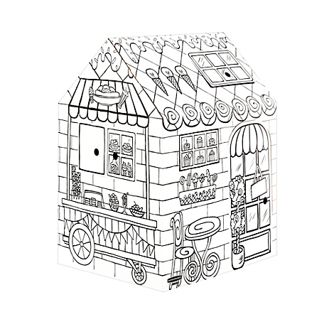 Illustration en noir et blanc d'un chariot à glaces avec des éléments détaillés. Sur le côté, il y a une petite table avec une chaise.