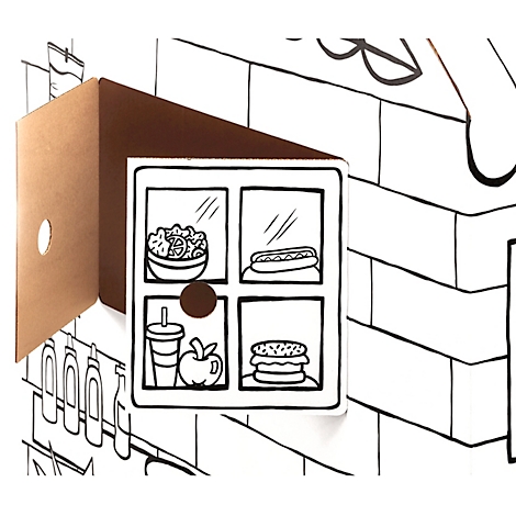 Gros plan d'une construction en carton avec des dessins d'aliments : salade, hot-dog, boisson, pomme, burger.