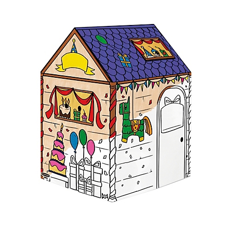 Une cabane de jeux aux couleurs vives avec des décorations de fête : ballons, boîtes cadeaux, gâteaux et une piñata.