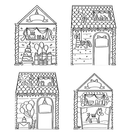 Dessin en noir et blanc de quatre maisons décorées pour une fête. Ballons, gâteaux, cadeaux et une piñata.