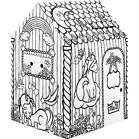 Une maison à colorier en forme de licorne, avec fenêtres, porte, toit et de nombreux détails comme une licorne, un arc-en-ciel et une étoile.