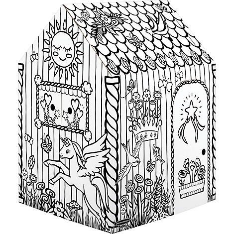 Contour de maison de jeu en noir et blanc, décoré d'une licorne, d'un soleil, de papillons et de fleurs.