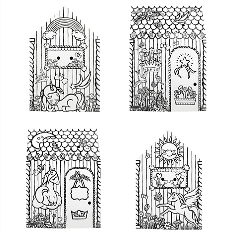 Illustration de quatre maisons avec des motifs de licornes, à colorier. Chaque maison montre différents détails comme des arcs-en-ciel, le soleil, des fleurs ou des étoiles.