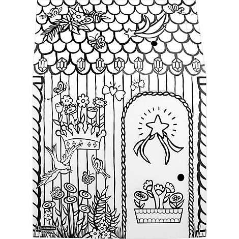 Page de coloriage : Une maison avec toit, porte et jardin. Décorée de fleurs, de papillons, d'une couronne et d'une étoile.