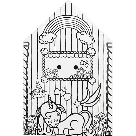 Coloriage : Une licorne est couchée dans l'herbe sous un arc-en-ciel. Il y a des fleurs, des papillons et une étoile filante.