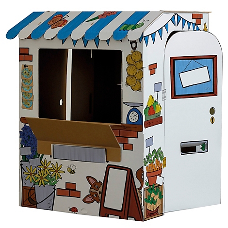 Karton speelgoedwinkel met blauw en wit gestreept dak. Details: ramen, deur, prijzen en decoraties.