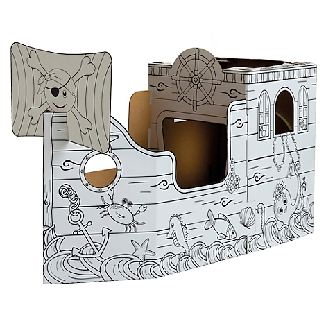 Un bateau pirate en carton à colorier ; avec une voile, un gouvernail et des motifs maritimes.