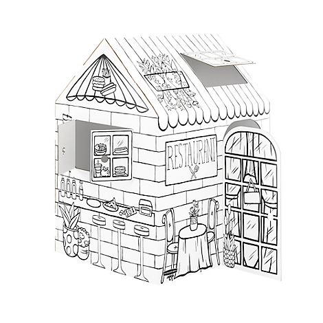 Zwart-wit illustratie van een speelgoedrestaurant met ramen, deuren, tafels en stoelen. Het bord leest "Restaurant".