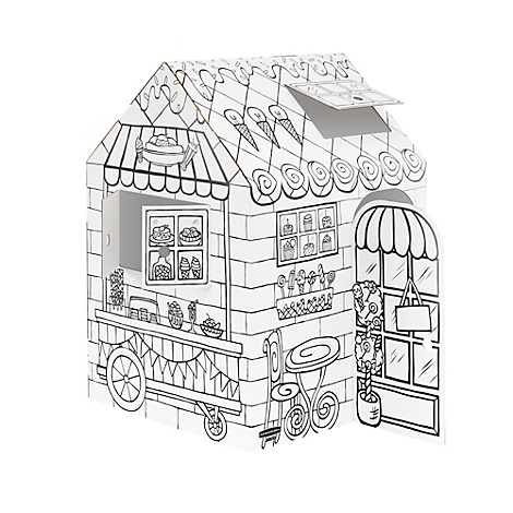 Een zwart-wit ijscokar speelhuis met ramen, toonbank, stoelen en zonneschermen.