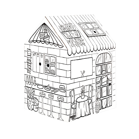 Schwarz-weiße Illustration eines kleinen Cafés. Fenster, Tür, Tresen, Tisch und Stühle sind abgebildet. Einige Speisen sind im Fenster zu sehen.