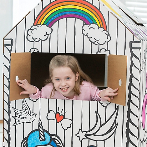 Bankers Box Spielhaus XL Playhouse Unicorn, Einhorn-Motiv, Wellpappe, bemalbar, Türen/Fenster, FSC-zertifiziert, B 813 x T 813 x H 1213 mm, weiß