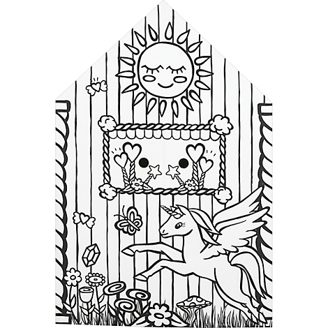 Ein Einhorn mit Flügeln springt in einer Szene mit Sonne, Blumen, Schmetterlingen und Fensterrahmen mit Herz-Dekoration.