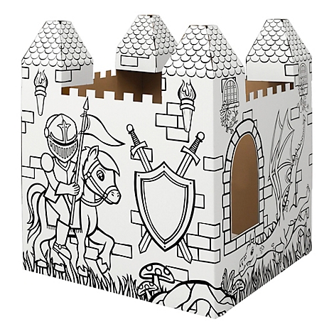 Un château en carton à colorier. Un chevalier sur un cheval et un dragon sont peints dessus.