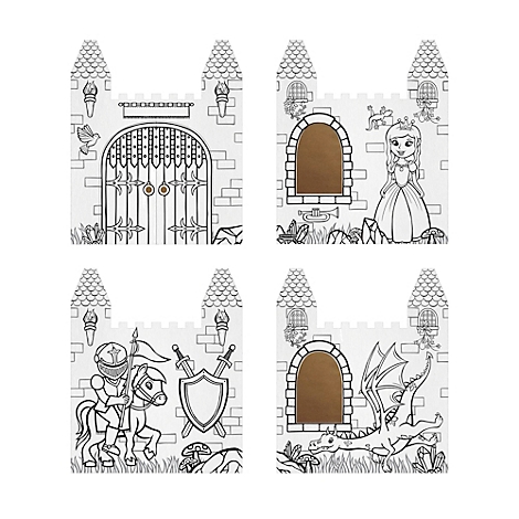 Quatre pages à colorier : château avec porte, princesse, chevalier et dragon.