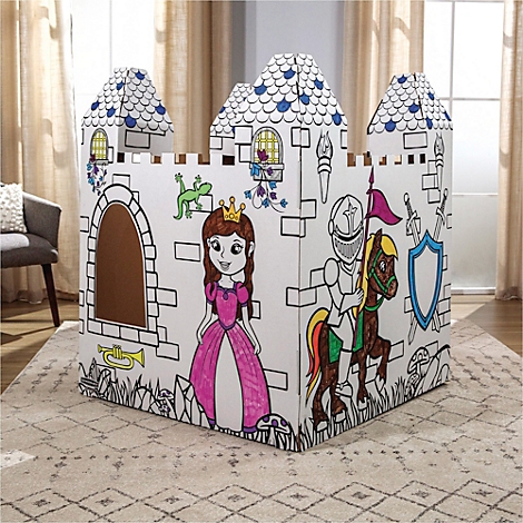 Een kartelen kasteel om in te kleuren, met prinses, ridder en paard. Decoraties.