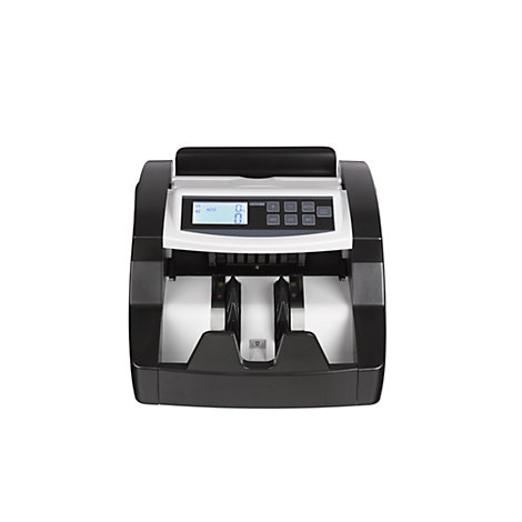 Banknote checker, black and white, with display and buttons.