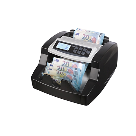A banknote checker with notes (20 euros). A display shows the number. Black case, white control panel.