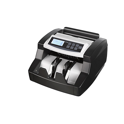 Banknote checker, black and white, with display and buttons. Banknotes are inserted into a compartment.