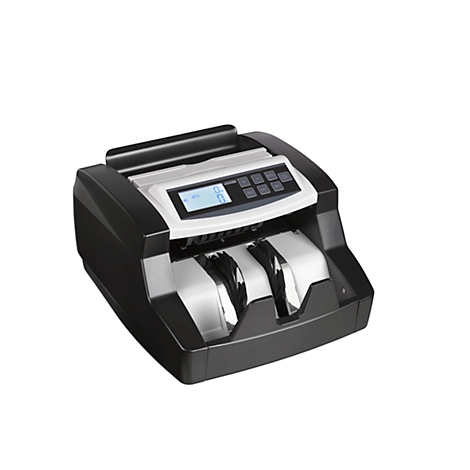 Money counter with display and buttons, black housing, white control panel.