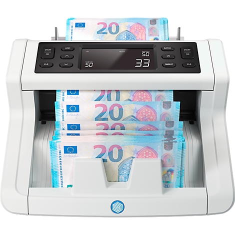 A white banknote counting machine with 20 euro notes. A display shows the number of notes.