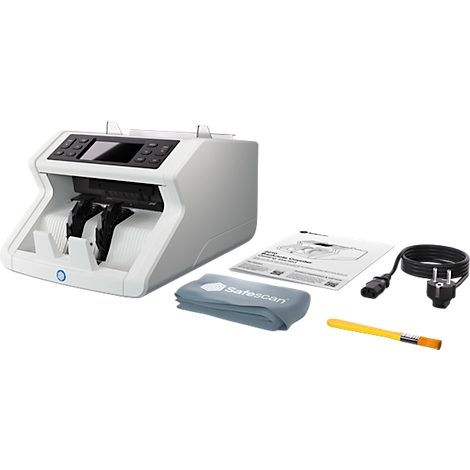 Gray-white money counting machine with accessories: cable, brush, cleaning cloth, and manual.