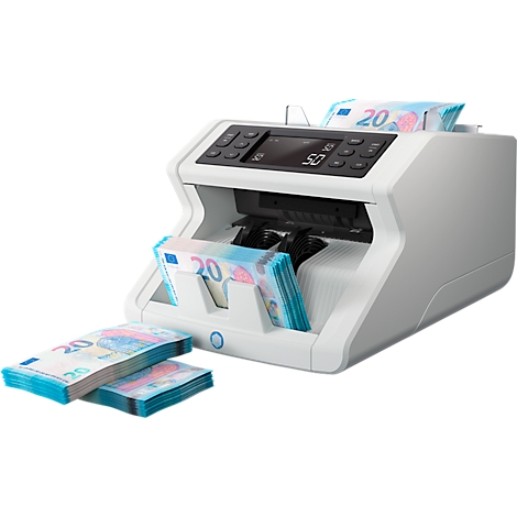 Money counter with euro notes. A stack of 20 euro banknotes is at the output compartment.