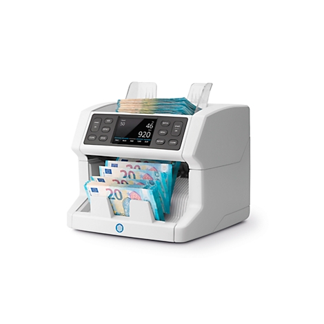 Geldscheinzählmaschine in Weiss mit Euro-Noten; Display zeigt 46 und 920.