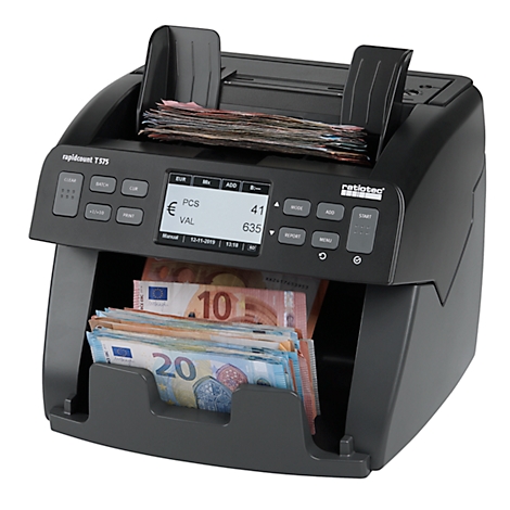 Schwarzer Banknotenzähler mit Bargeld, das in den Ein- und Ausgabefächern liegt. Auf dem Bildschirm werden Informationen wie Euro und Stückzahl angezeigt.
