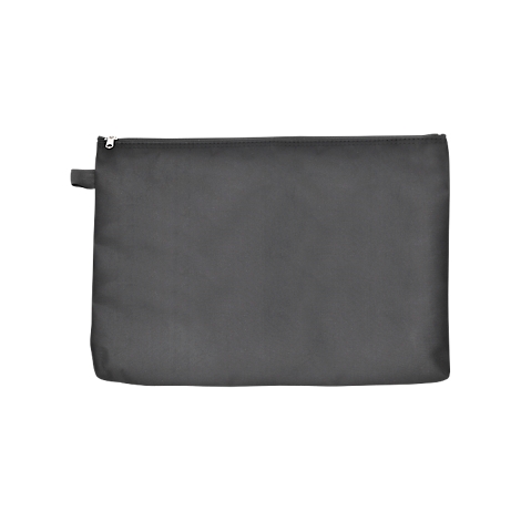 Dunkelgraue Reißverschlusstasche, rechteckig, mit Lasche.