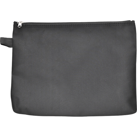 Graue, rechteckige Reißverschlusstasche. Der Reißverschluss ist oben, links eine Schlaufe.